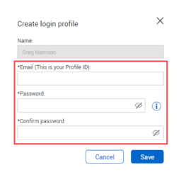 email address and password fields in Create login profile window