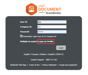 Login via Profile in the InEight Document login panel
