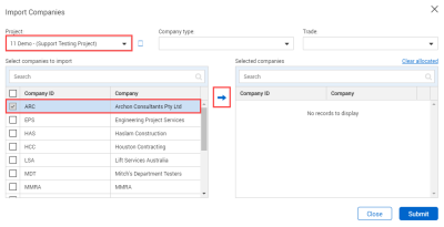 Click arrow icon to select company from import companies panel
