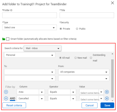 Enter criteria in add folder panel